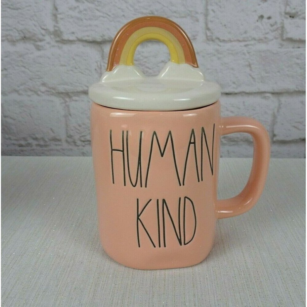 New RAE DUNN Rainbow 🌈 Figural Coffee Mug Human Kind Blush Pink With Lid Decor